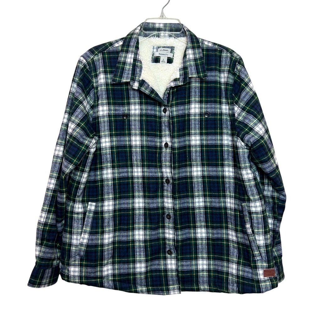 L.L. Bean Flannel Shirt Jacket Womens L Pet Green Plaid Sherpa Lined Relaxed Fit